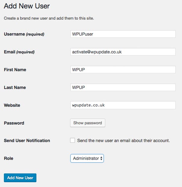 Wordpress dashboard User section